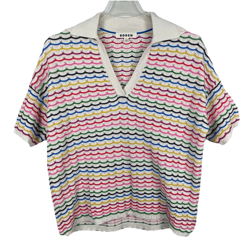 Boden Pointelle Knit Polo Top Women's M Rainbow Scallop Stripe Preppy Coastal